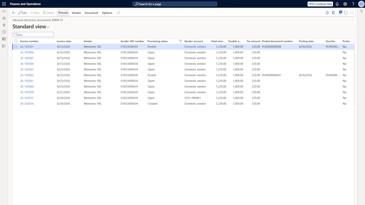Inbound electronic documents list in Dynamics 365 Finance with invoice number, sender, VAT number, processing status, vendor account, declared amounts and the posted document number, posting date and voucher