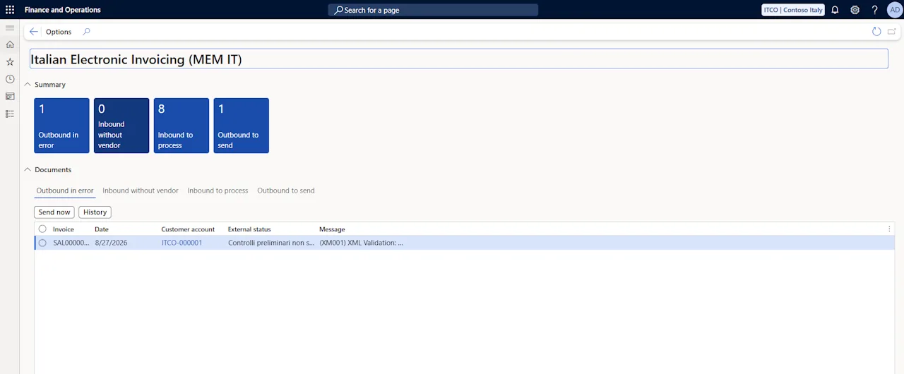 Workspace Italian Electronic Invoicing di Dynamics 365 Finance con i contatori dei documenti in uscita in errore, in entrata senza fornitore, in entrata da elaborare e in uscita da inviare