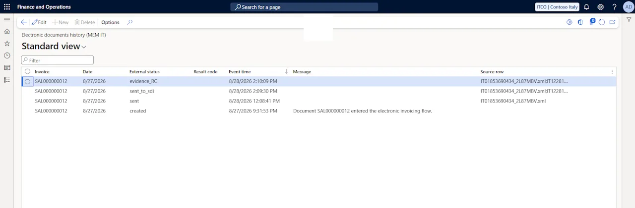 Electronic documents history in Dynamics 365 Finance listing the created, sent, sent to SDI and delivery receipt events of an invoice