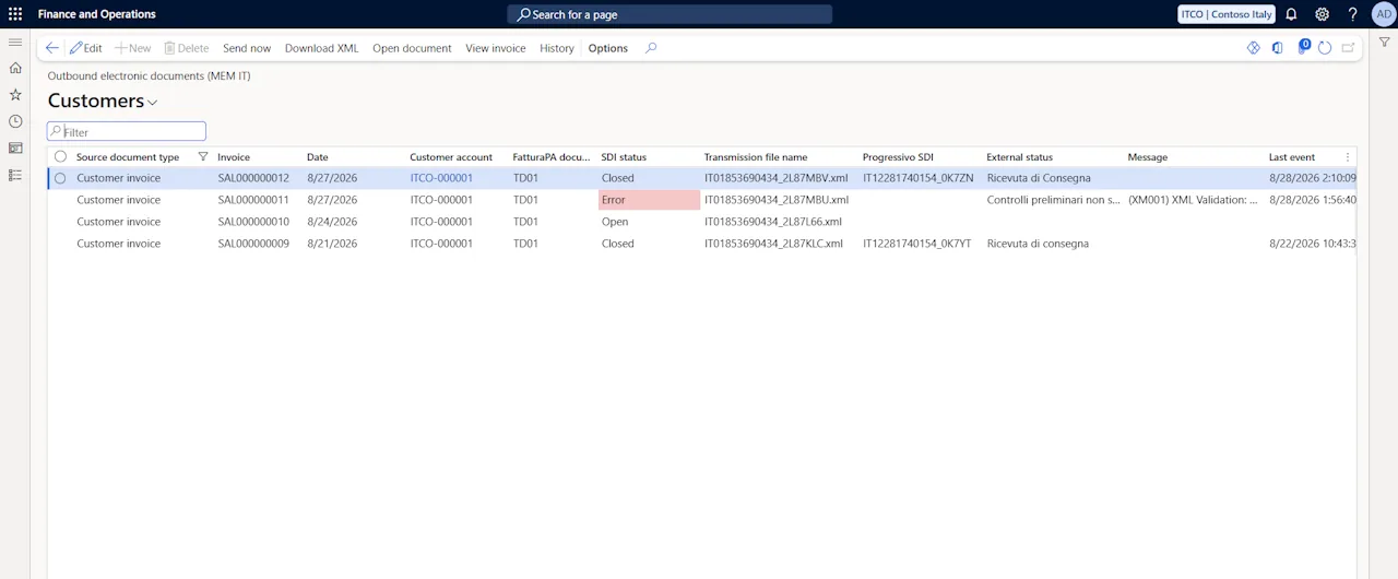 Outbound electronic documents list in Dynamics 365 Finance with FatturaPA document type, SDI status, transmission file name and last notification