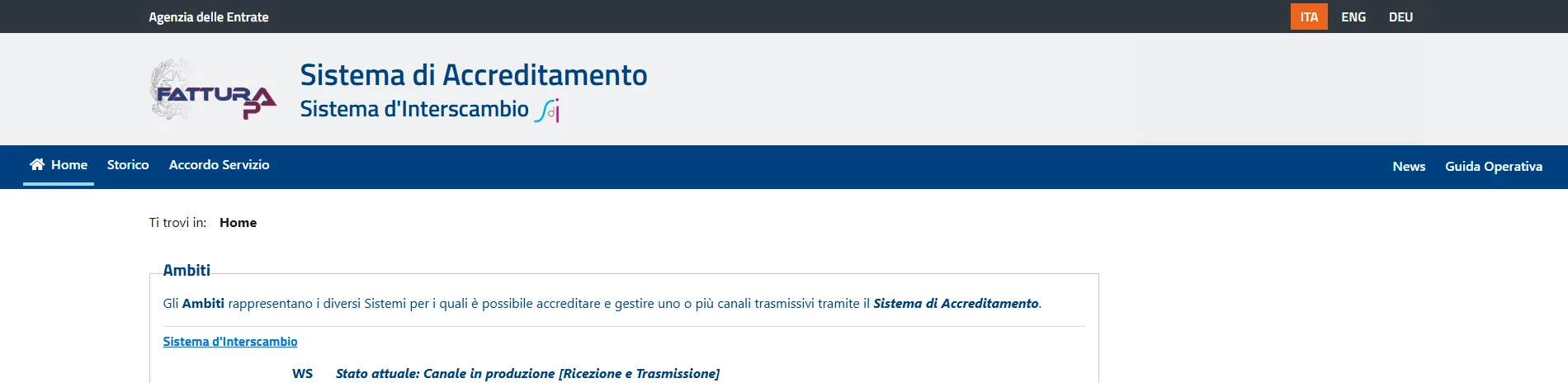 Sistema di Accreditamento portal of the Agenzia delle Entrate showing the Sistema di Interscambio web service channel in production for reception and transmission